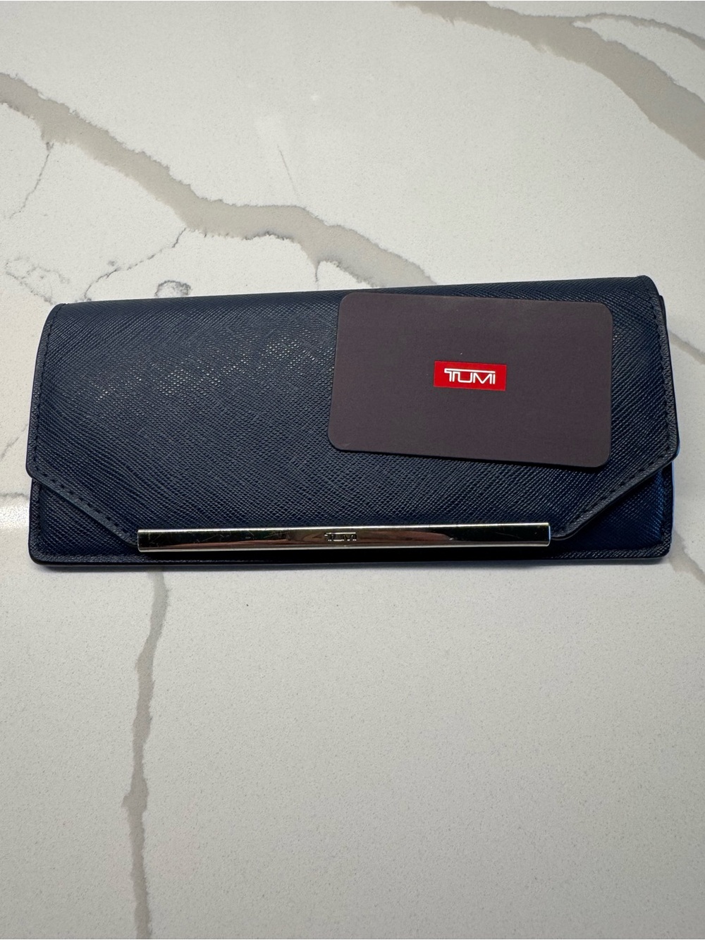 TUMI Navy Leather Envelope Clutch Wallet